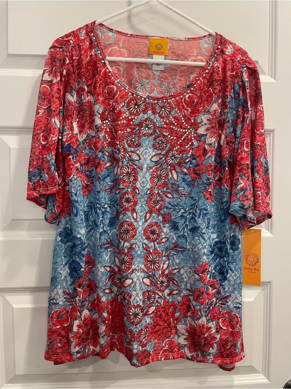 Ruby Rd. Red and blue split sleeve top with sparkle studs on the neckline